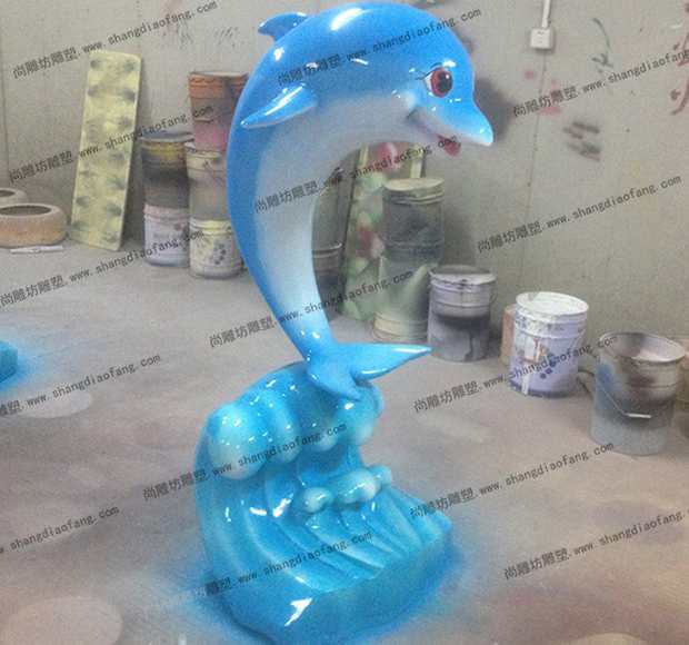 单海豚海浪组合雕塑蓝色1